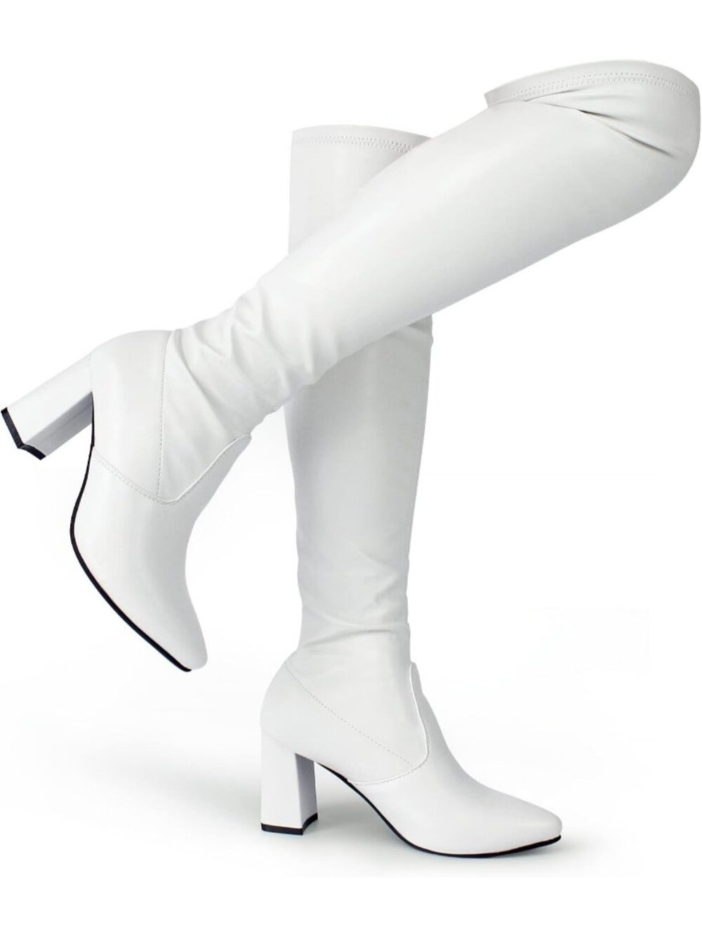 Women's White-Pu Thigh High Boots Black Pointy-Toe High-Heel Over The Knee Boots